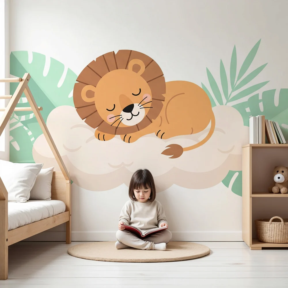 Papier peint chambre enfant | Lion mignon sur un nuage tropical