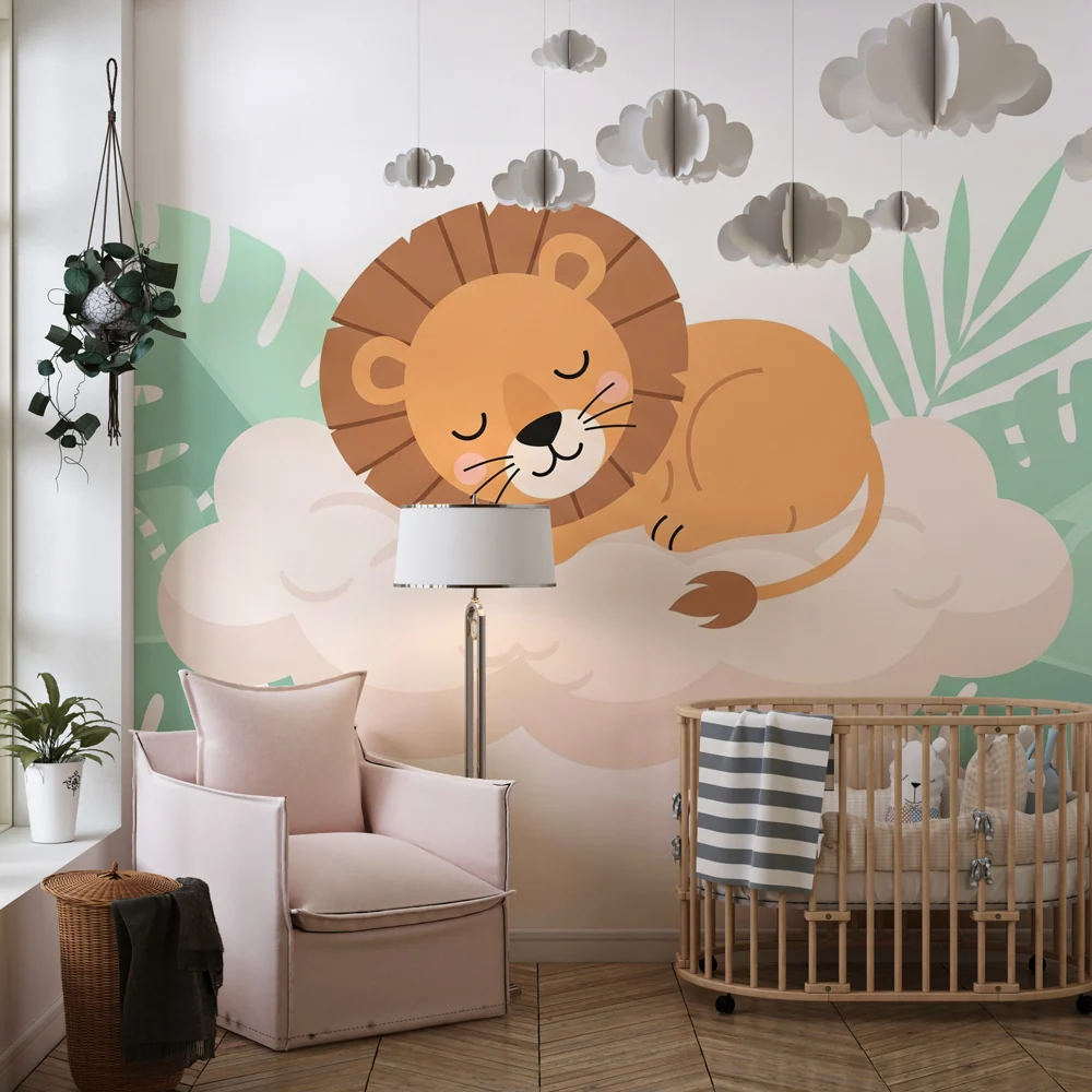 Papier peint chambre enfant | Lion mignon sur un nuage tropical