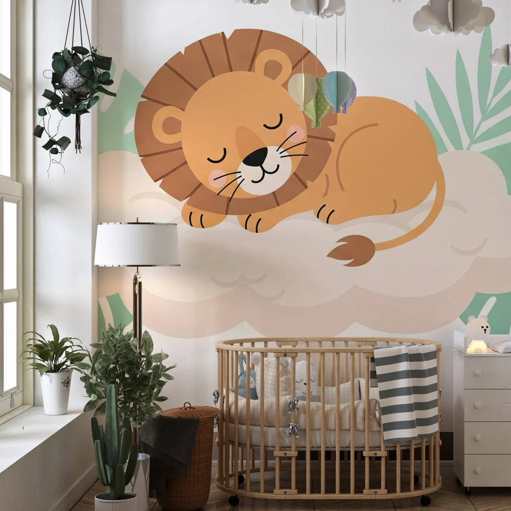 Papier peint chambre enfant | Lion mignon sur un nuage tropical