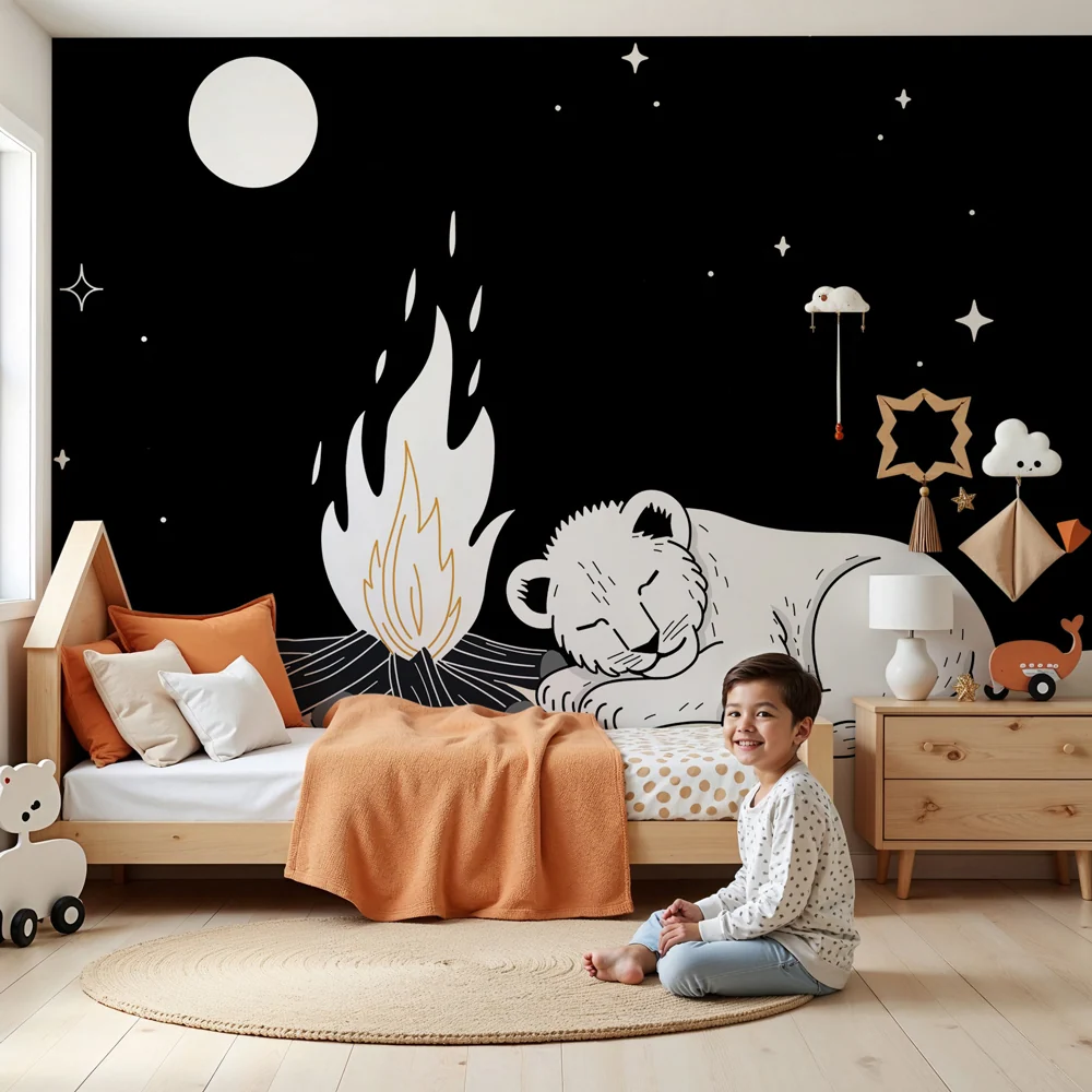Papier peint chambre enfant | Lionceau endormi sous les étoiles