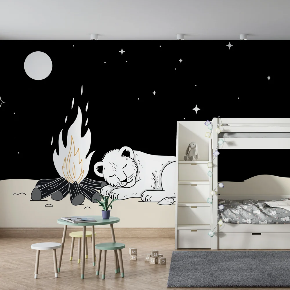 Papier peint chambre enfant | Lionceau endormi sous les étoiles