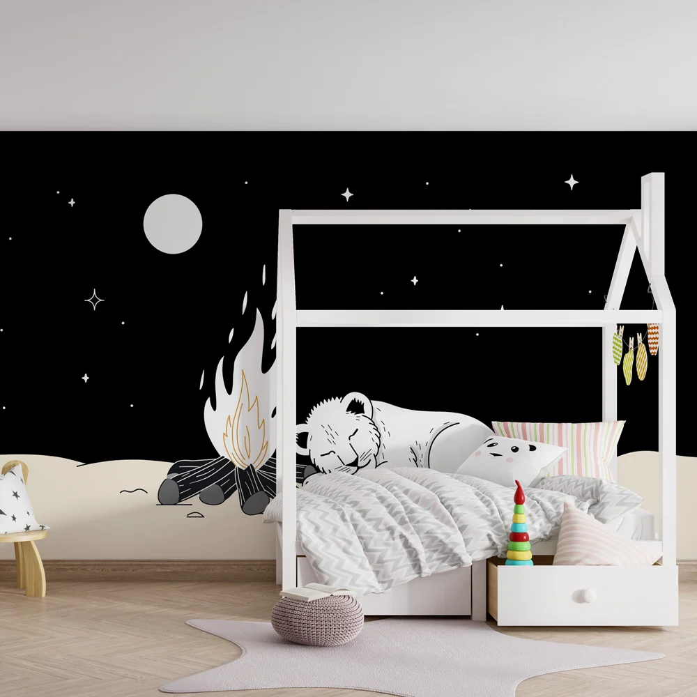 Papier peint chambre enfant | Lionceau endormi sous les étoiles