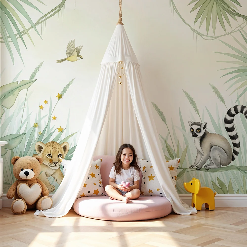 Papier peint chambre enfant | Lionceau et lémurien dans une jungle tropicale