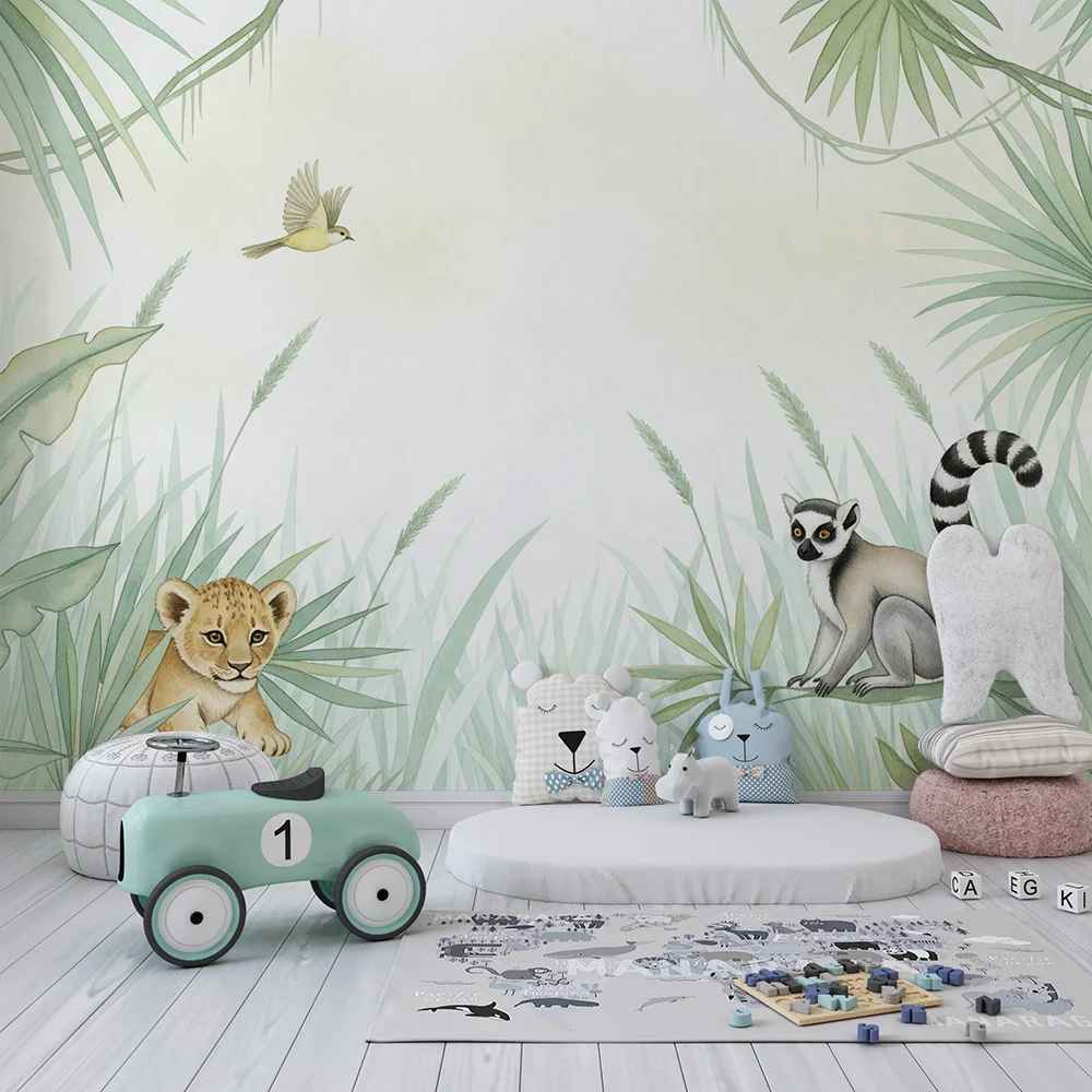 Papier peint chambre enfant | Lionceau et lémurien dans une jungle tropicale