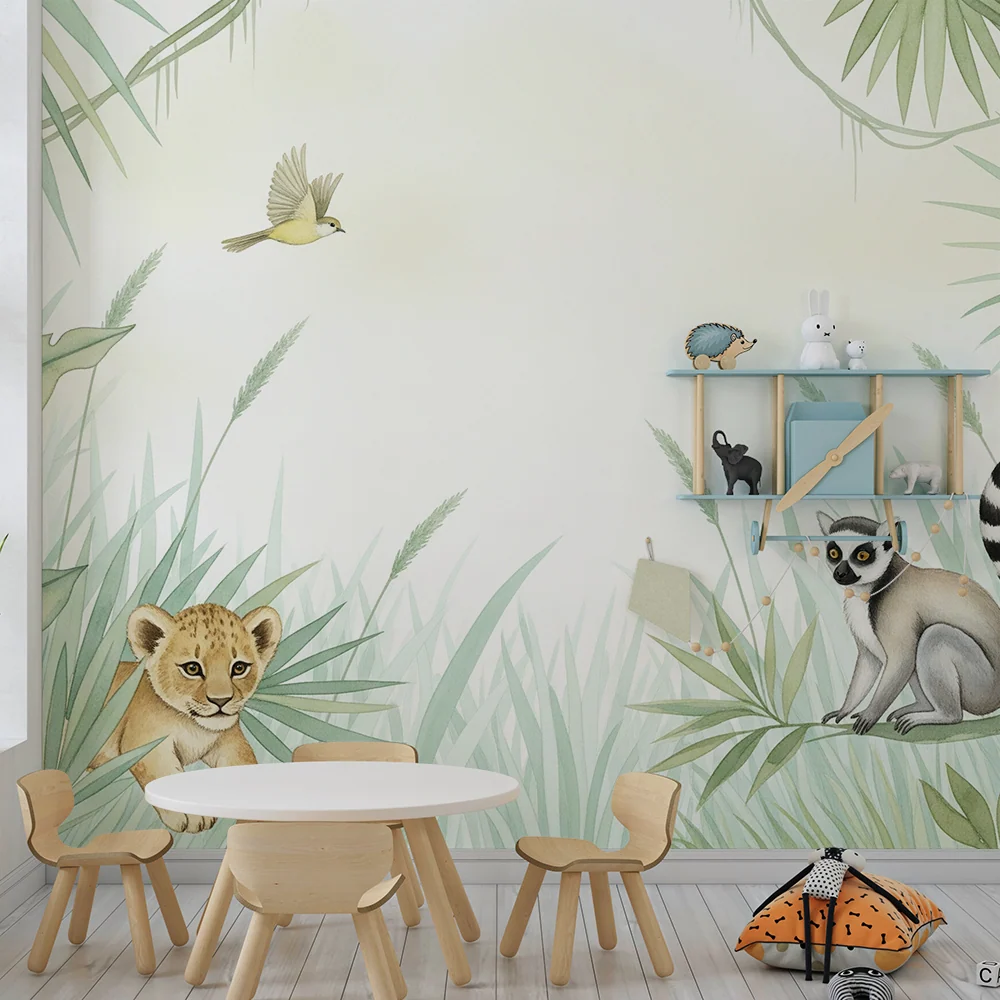 Papier peint chambre enfant | Lionceau et lémurien dans une jungle tropicale