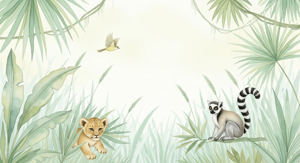 Papier peint chambre enfant | Lionceau et lémurien dans une jungle tropicale