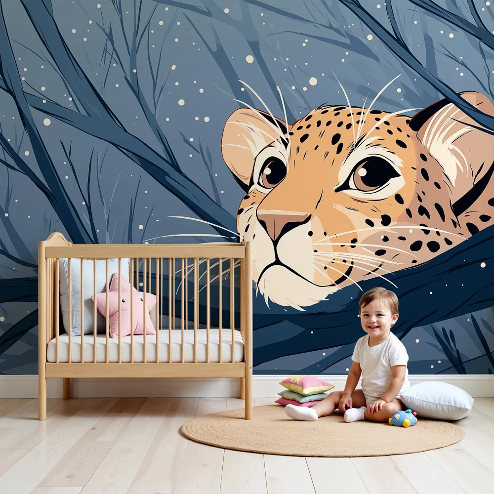 Papier peint chambre enfant | Léopard curieux dans un paysage enneigé