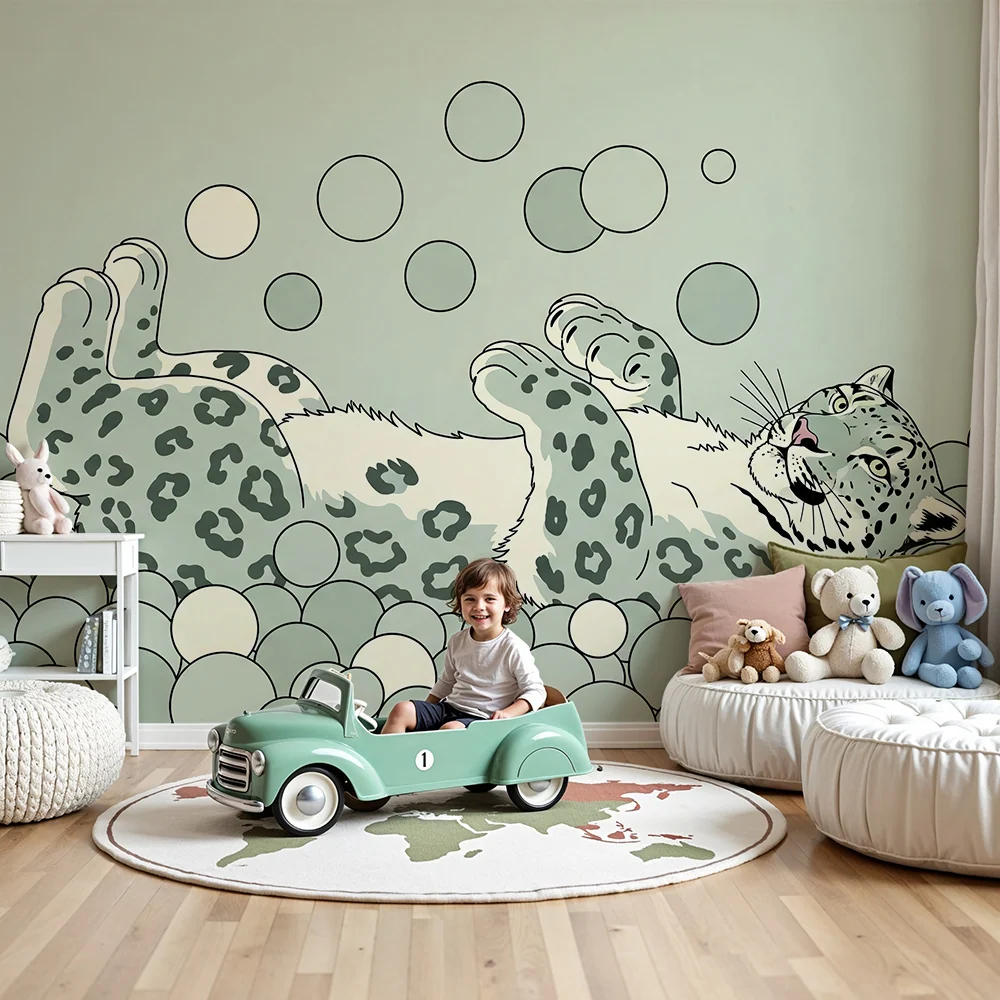 Papier peint chambre enfant | Léopard espiègle dans un océ de bulles