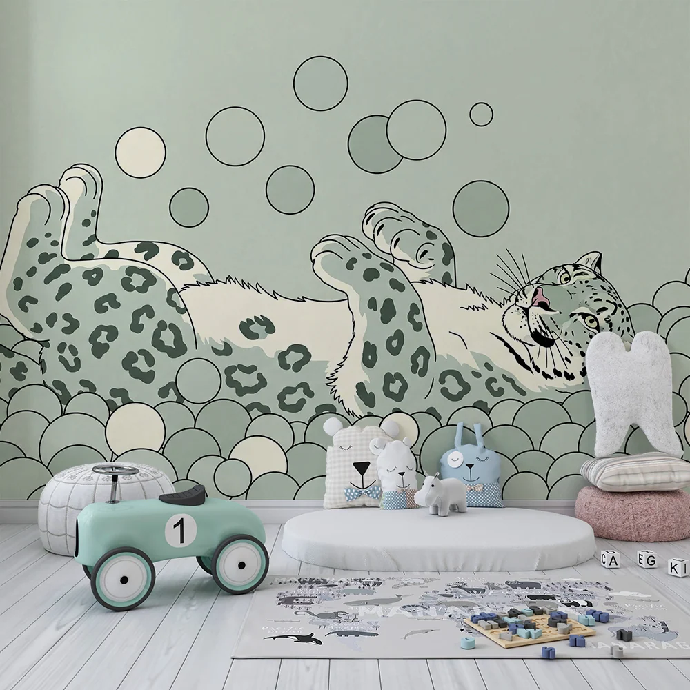 Papier peint chambre enfant | Léopard espiègle dans un océ de bulles