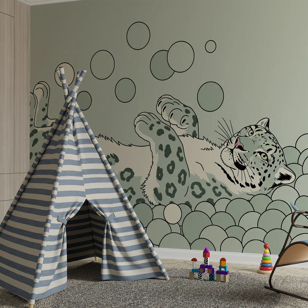 Papier peint chambre enfant | Léopard espiègle dans un océ de bulles