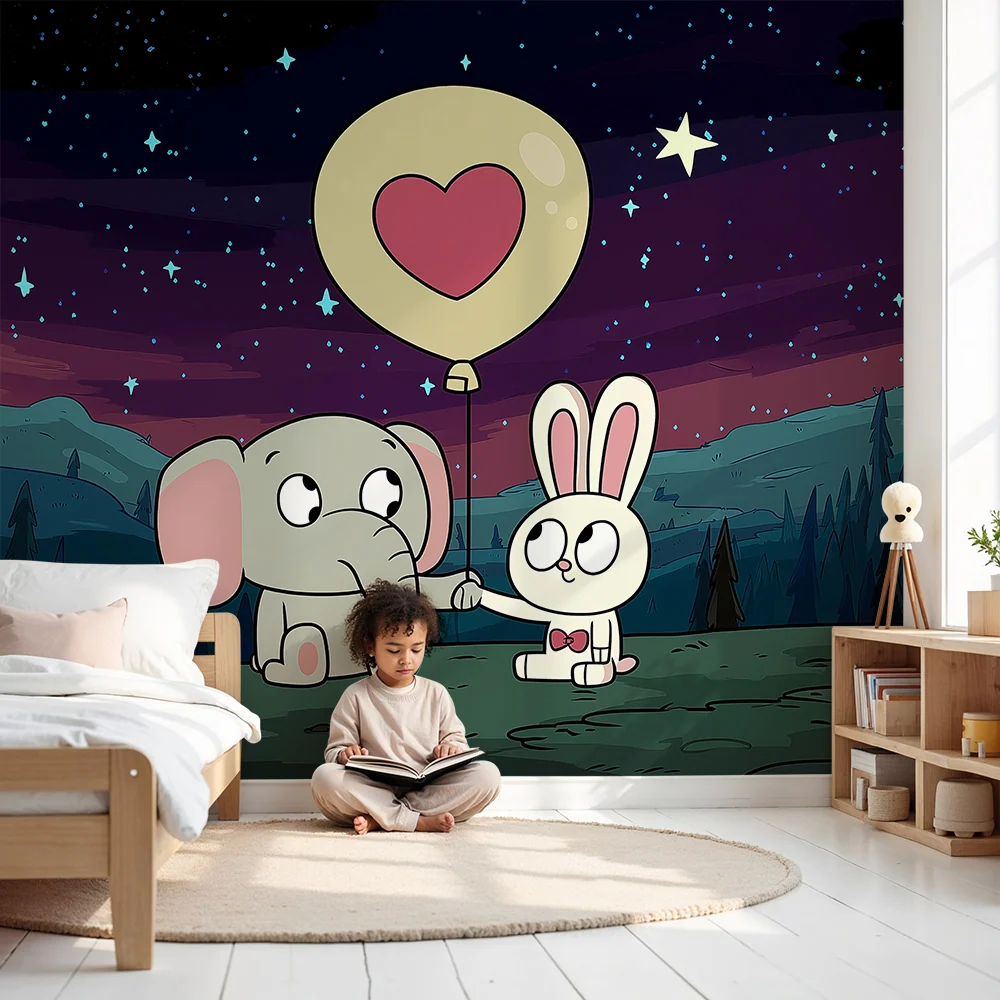 Papier peint chambre enfant | Éléphant et lapin sous un ciel étoilé