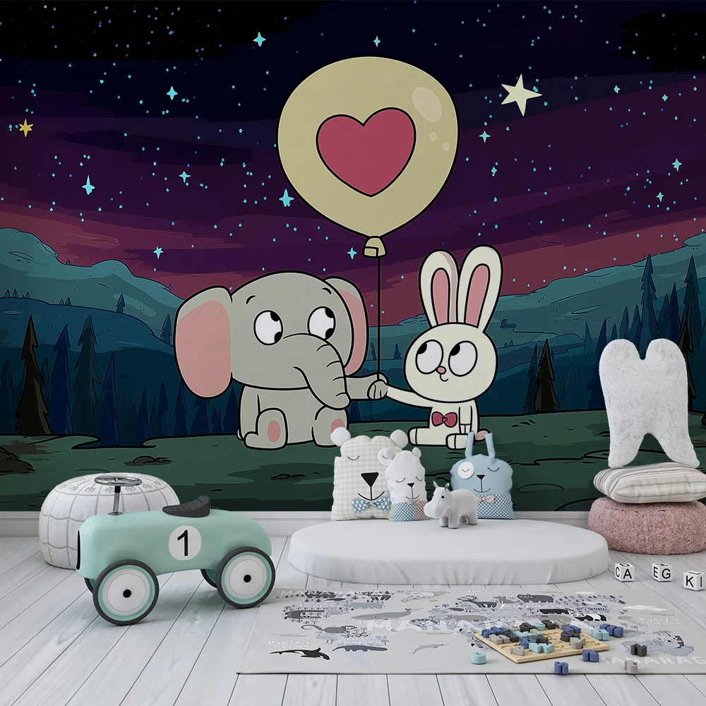 Papier peint chambre enfant | Éléphant et lapin sous un ciel étoilé