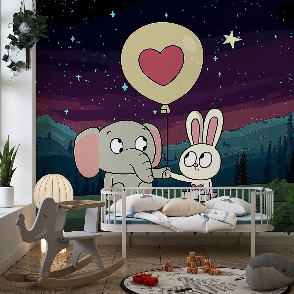 Papier peint chambre enfant | Éléphant et lapin sous un ciel étoilé