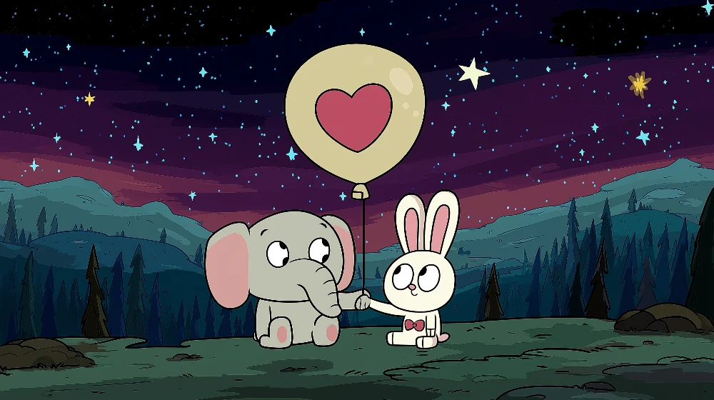 Papier peint chambre enfant | Éléphant et lapin sous un ciel étoilé