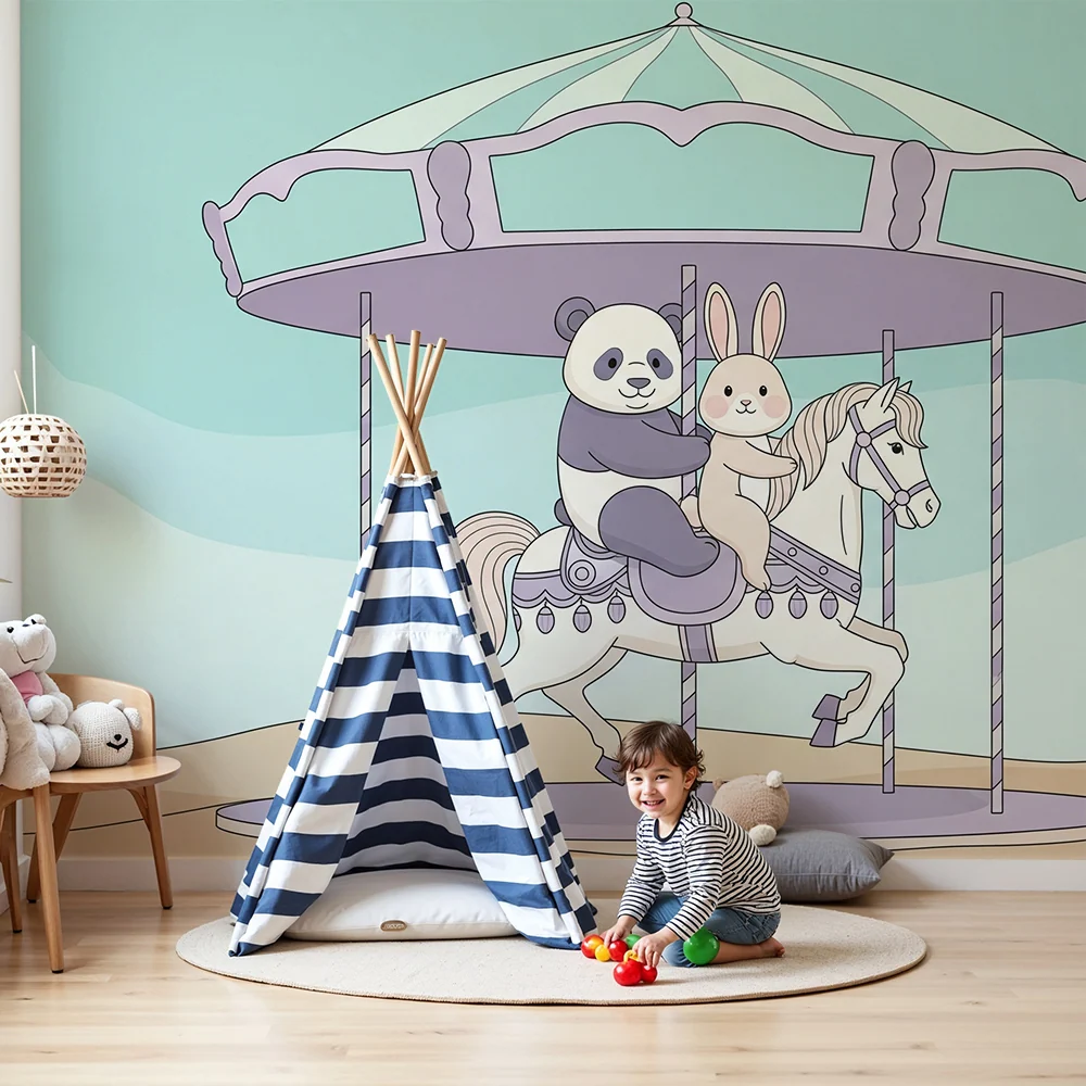 Papier peint chambre enfant | Manège mignon avec panda et lapin
