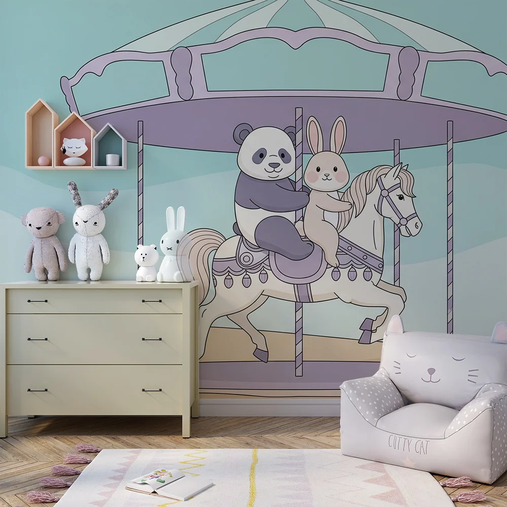 Papier peint chambre enfant | Manège mignon avec panda et lapin