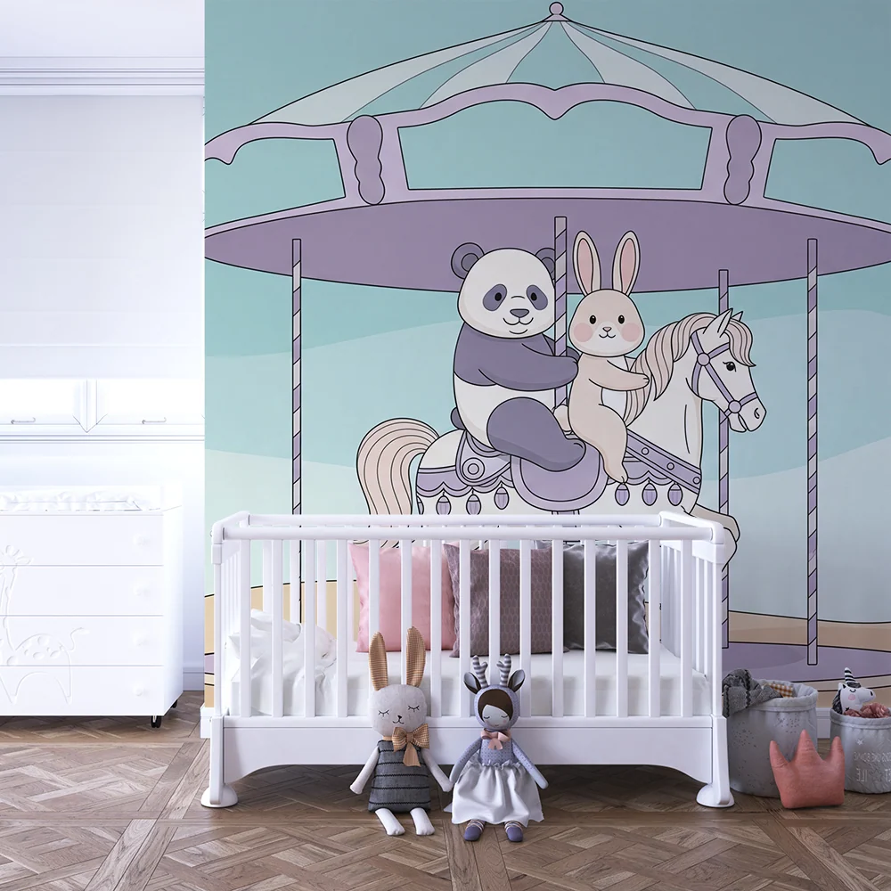 Papier peint chambre enfant | Manège mignon avec panda et lapin