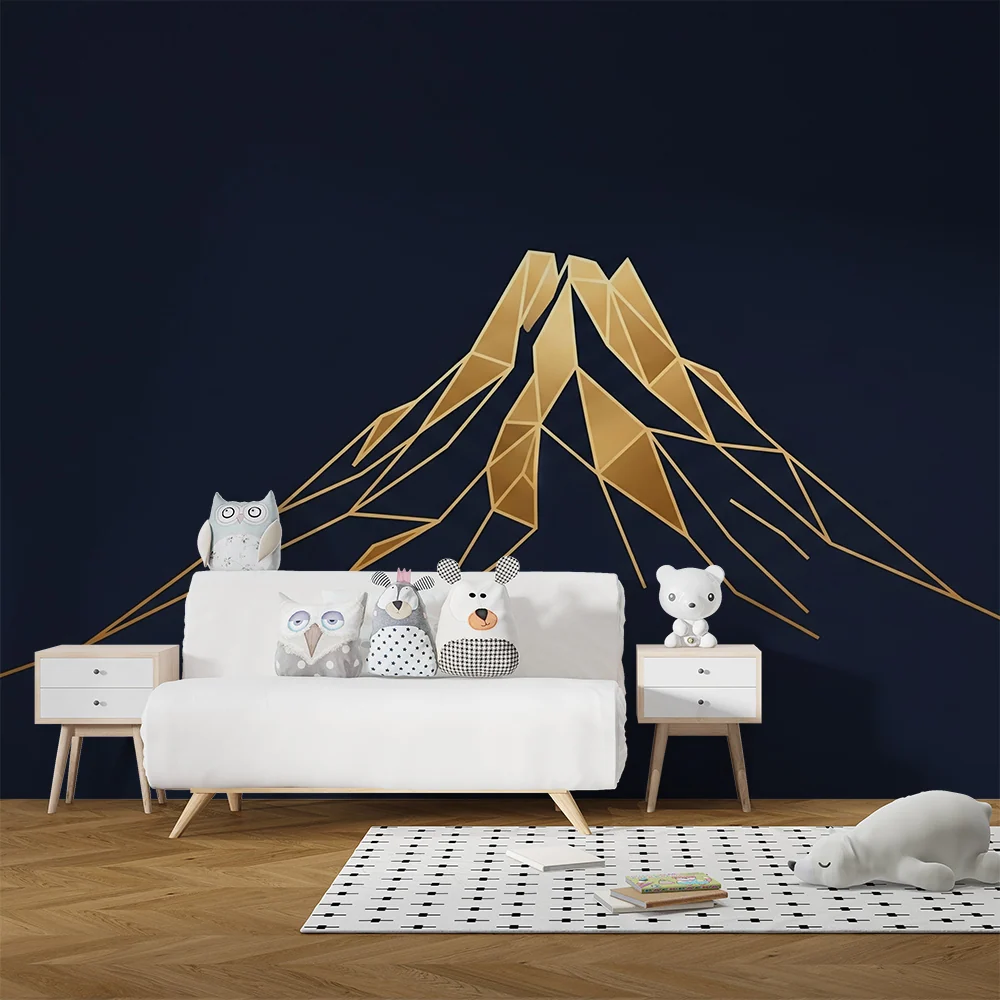 Papier peint chambre enfant | Montagne géométrique dorée sur fond bleu nuit