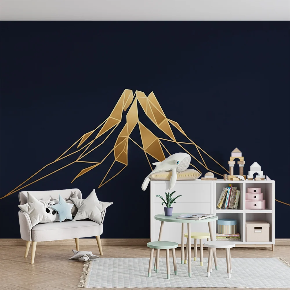 Papier peint chambre enfant | Montagne géométrique dorée sur fond bleu nuit