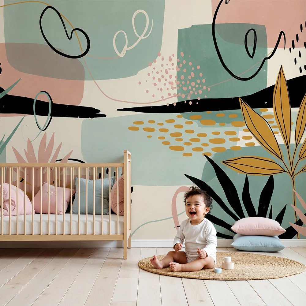 Papier peint chambre enfant | Motifs abstraits et végétation colorée
