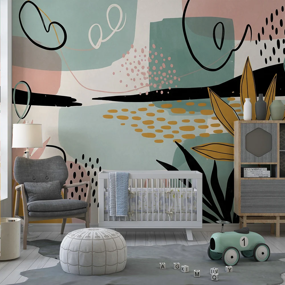 Papier peint chambre enfant | Motifs abstraits et végétation colorée