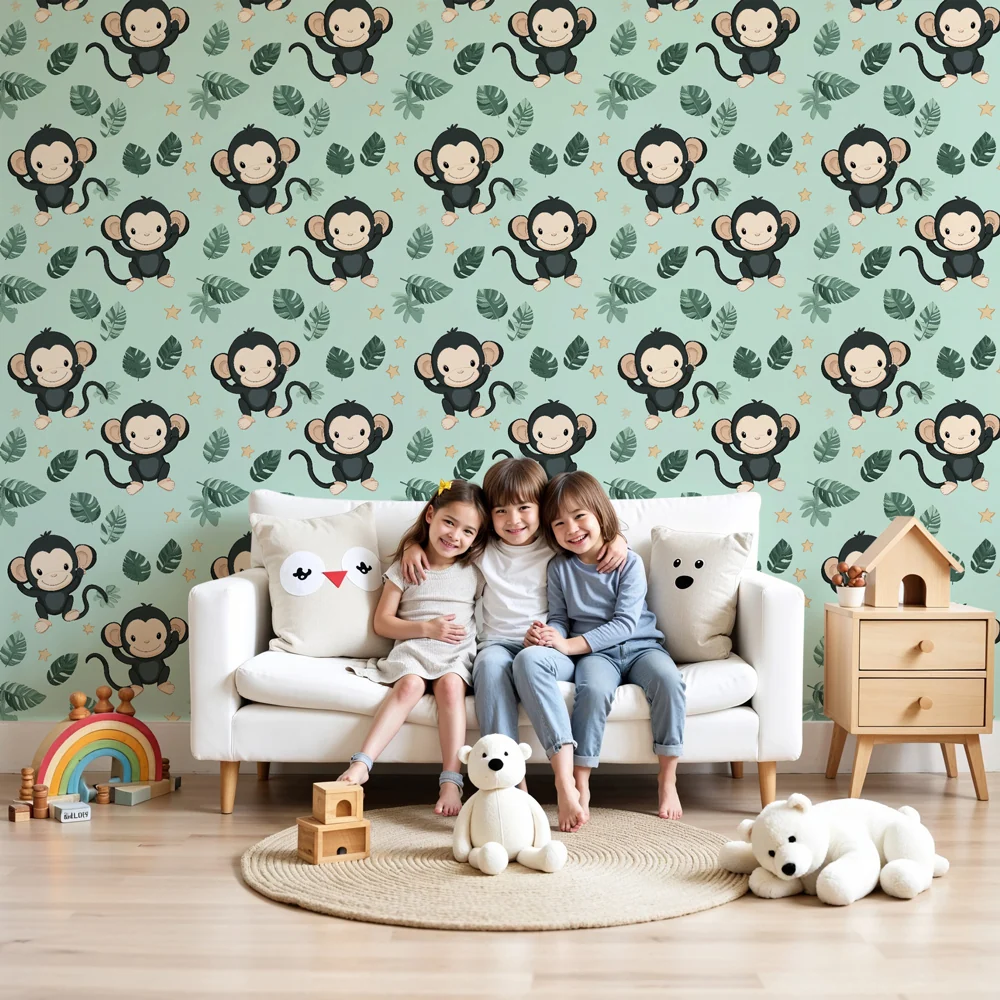 Papier peint chambre enfant à motifs | Mignons singes et feuilles tropicales