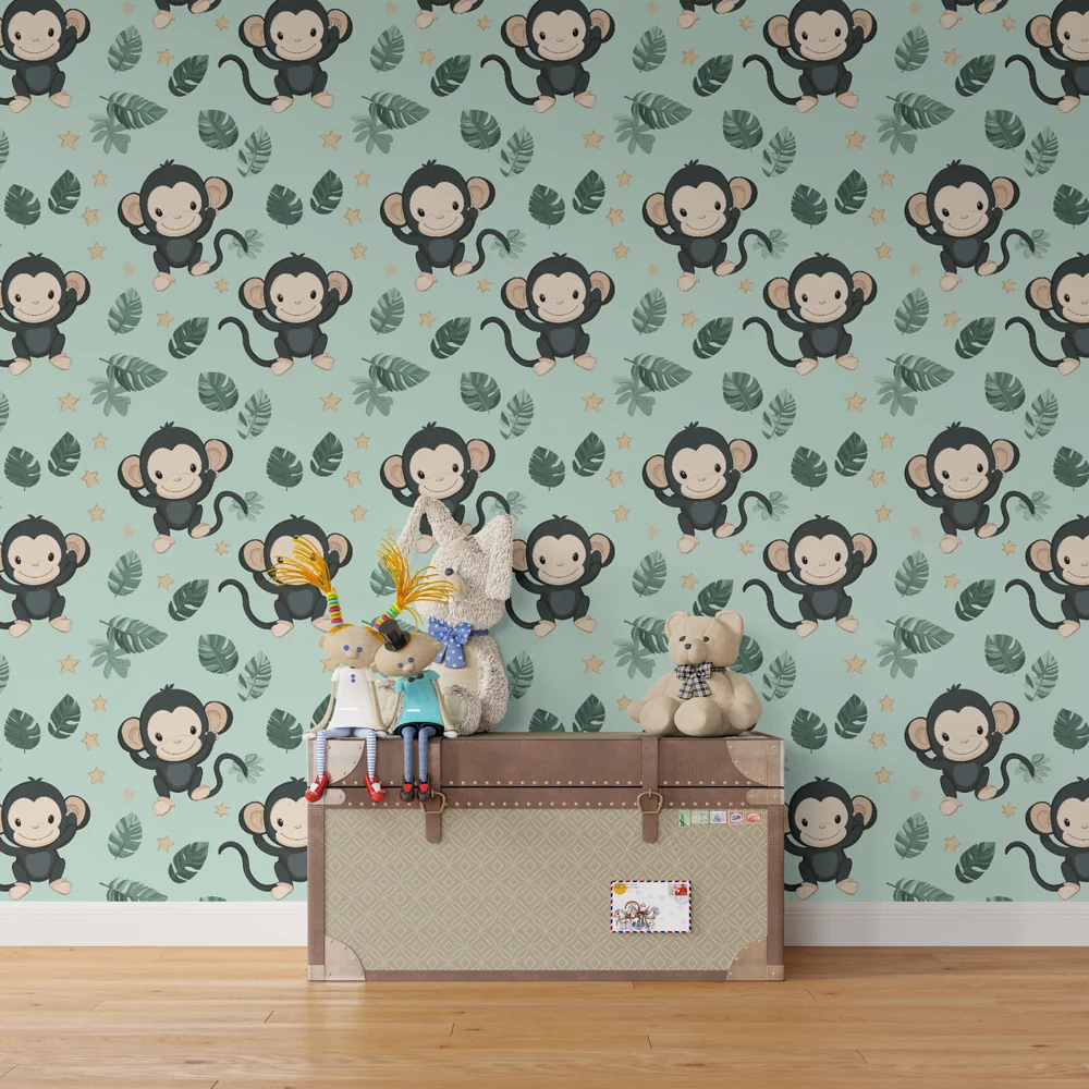 Papier peint chambre enfant à motifs | Mignons singes et feuilles tropicales