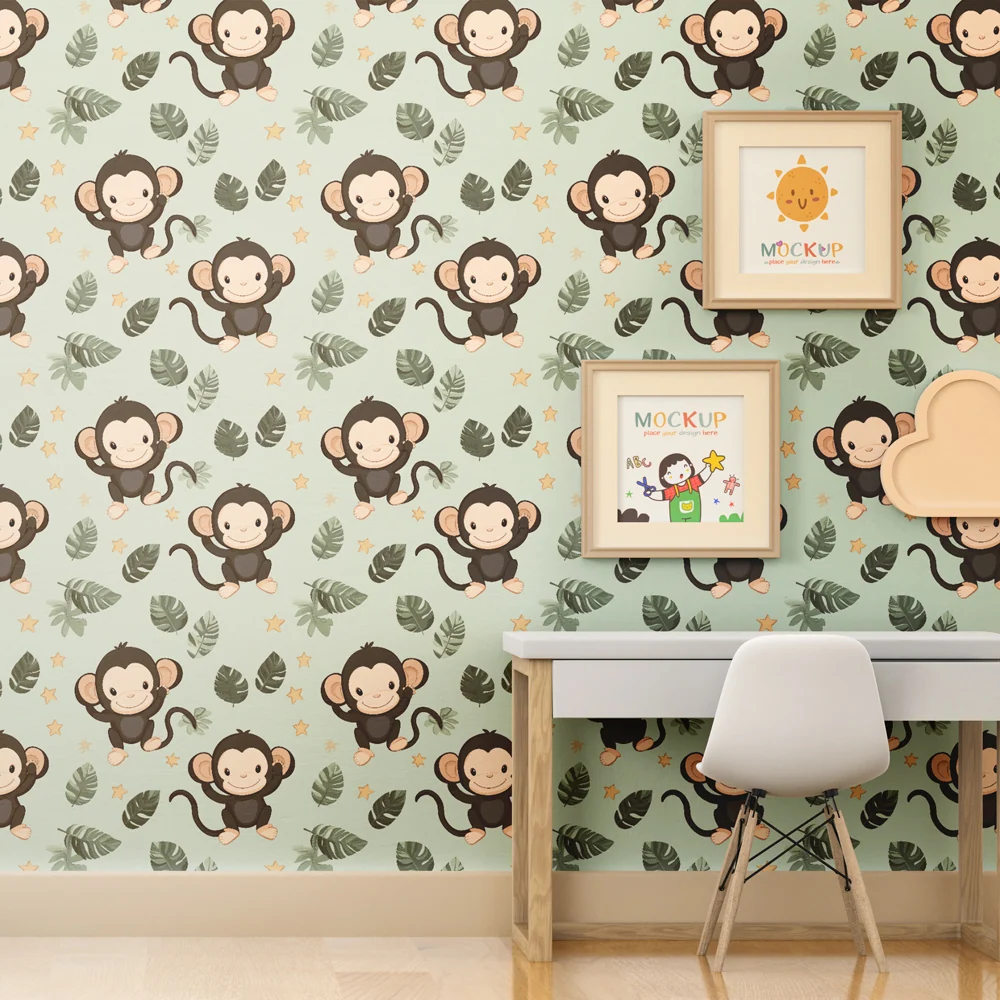 Papier peint chambre enfant à motifs | Mignons singes et feuilles tropicales