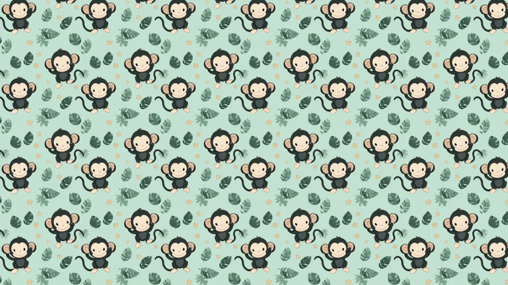 Papier peint chambre enfant à motifs | Mignons singes et feuilles tropicales