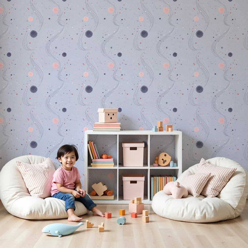 Papier peint chambre enfant à motifs | Univers étoilé avec planètes colorées