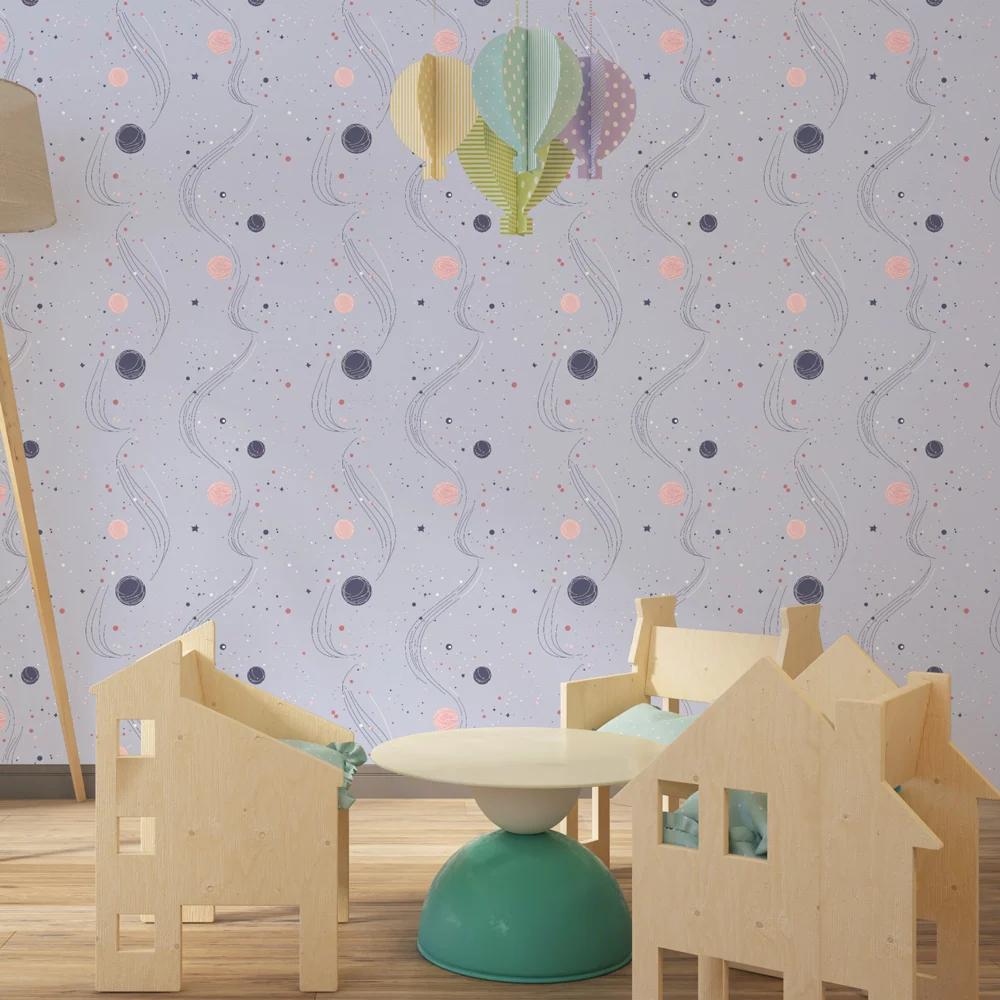 Papier peint chambre enfant à motifs | Univers étoilé avec planètes colorées