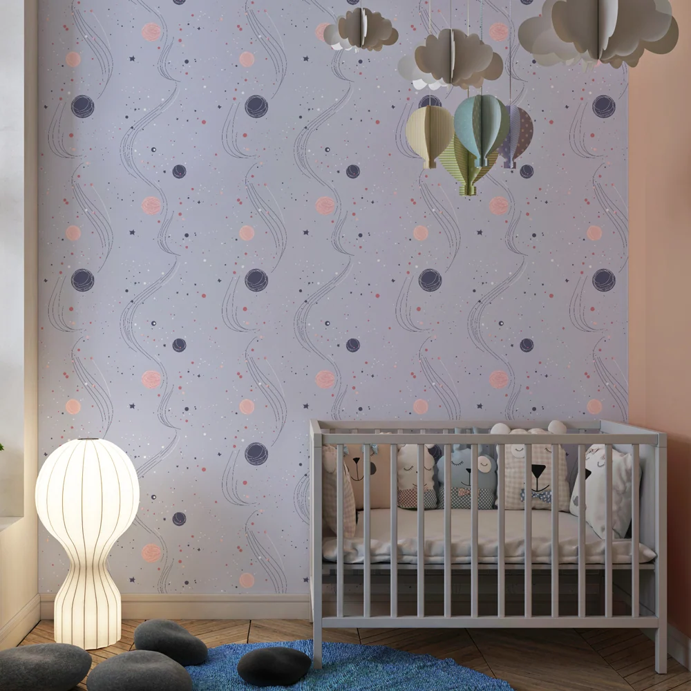 Papier peint chambre enfant à motifs | Univers étoilé avec planètes colorées
