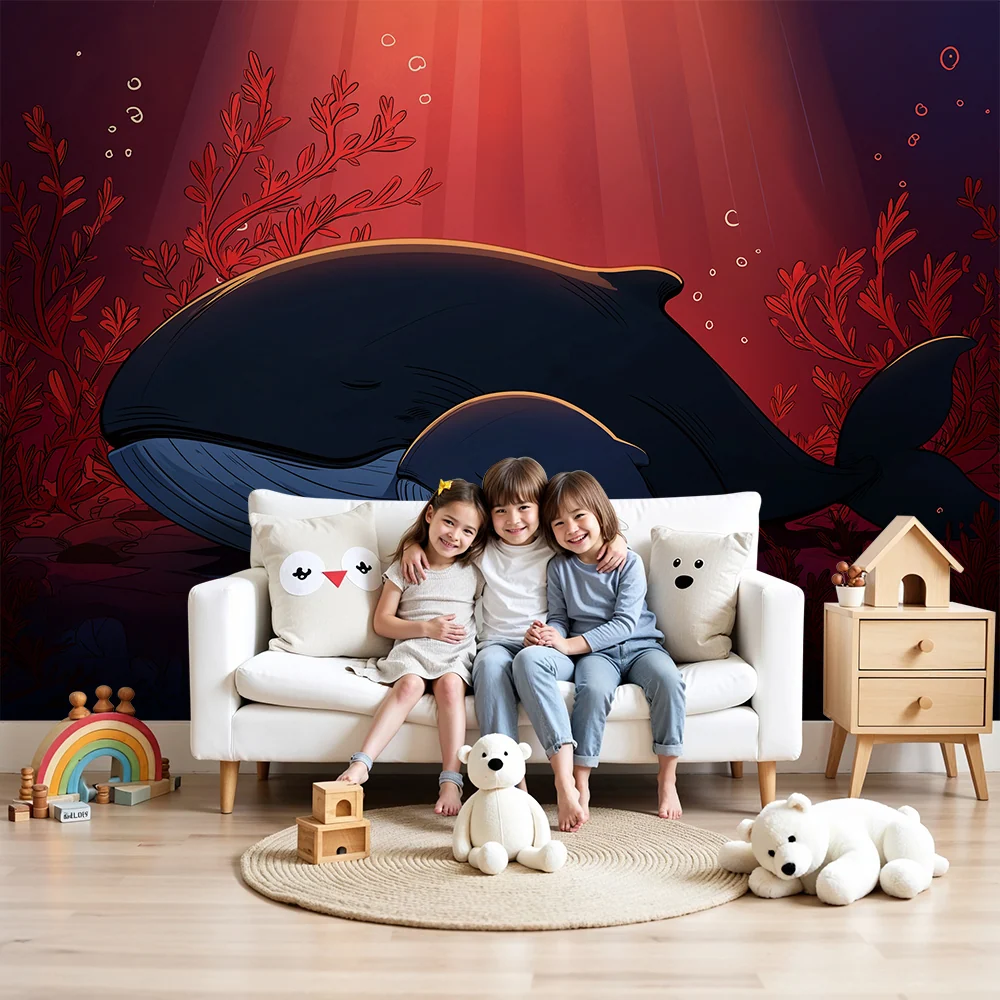 Papier peint chambre enfant | Mères baleines et leurs petits dans un océ coloré