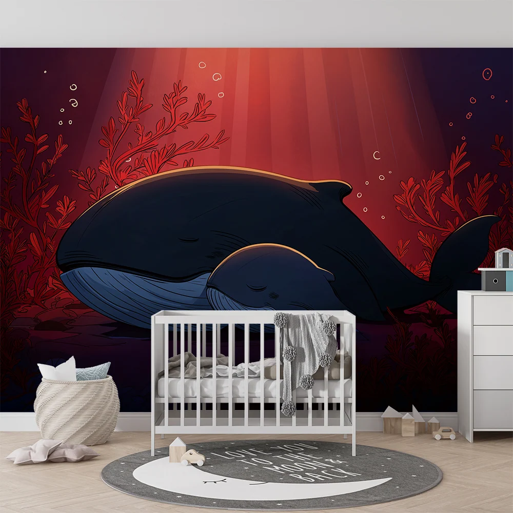 Papier peint chambre enfant | Mères baleines et leurs petits dans un océ coloré