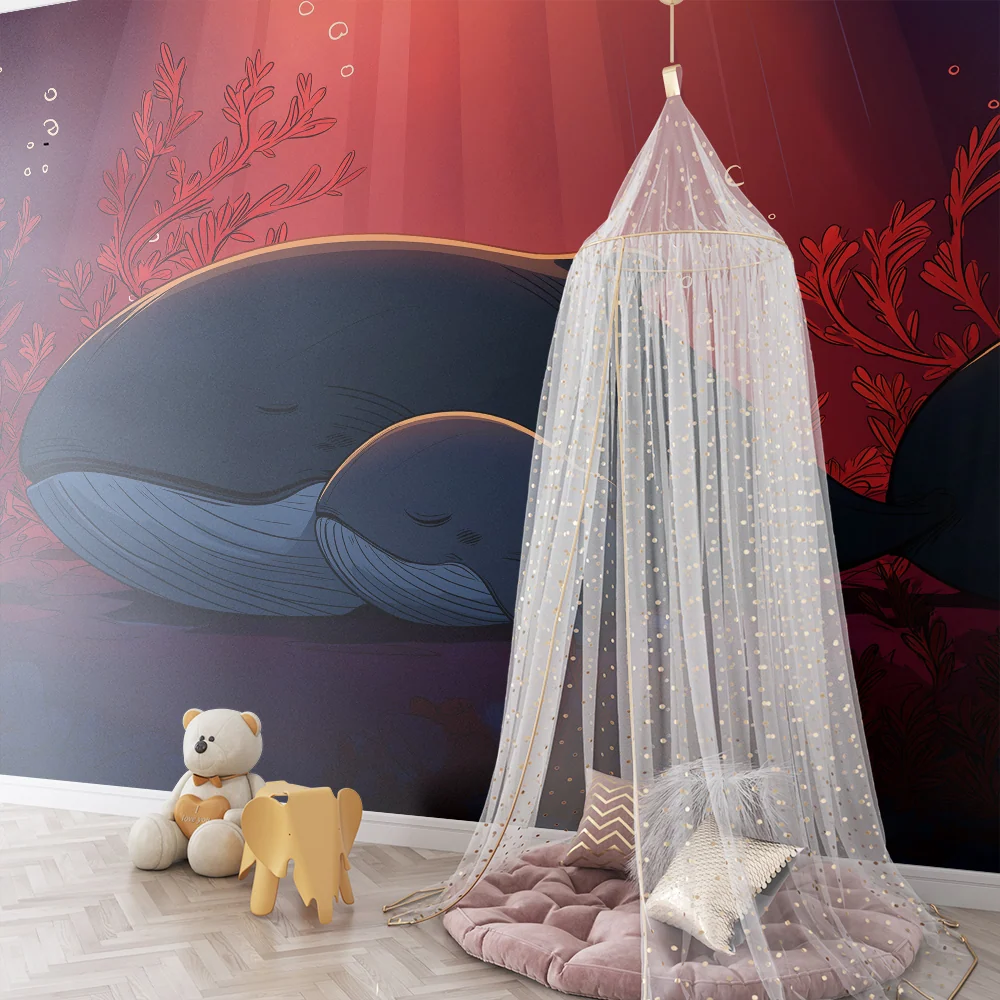 Papier peint chambre enfant | Mères baleines et leurs petits dans un océ coloré