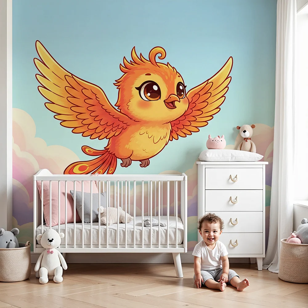 Papier peint chambre enfant | Oiseau joyeux volant au-dessus des nuages pastel