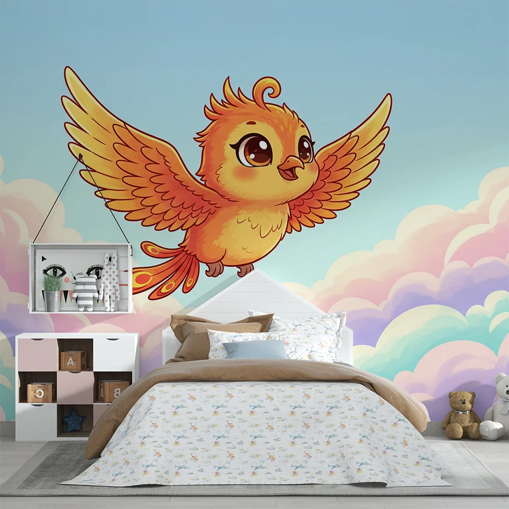 Papier peint chambre enfant | Oiseau joyeux volant au-dessus des nuages pastel