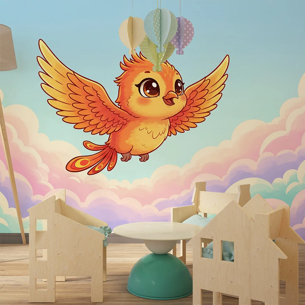 Papier peint chambre enfant | Oiseau joyeux volant au-dessus des nuages pastel