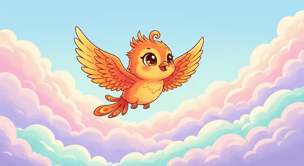 Papier peint chambre enfant | Oiseau joyeux volant au-dessus des nuages pastel