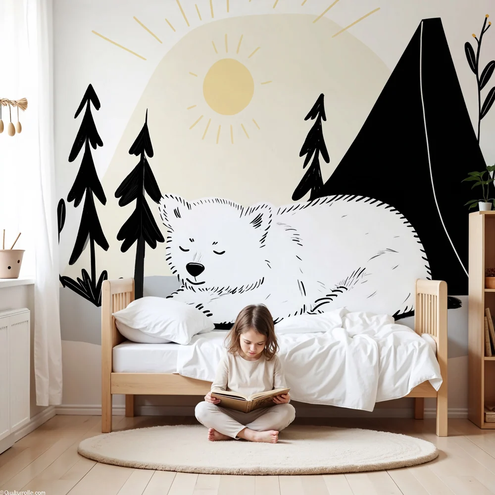 Papier peint chambre enfant | Ours endormi au campement