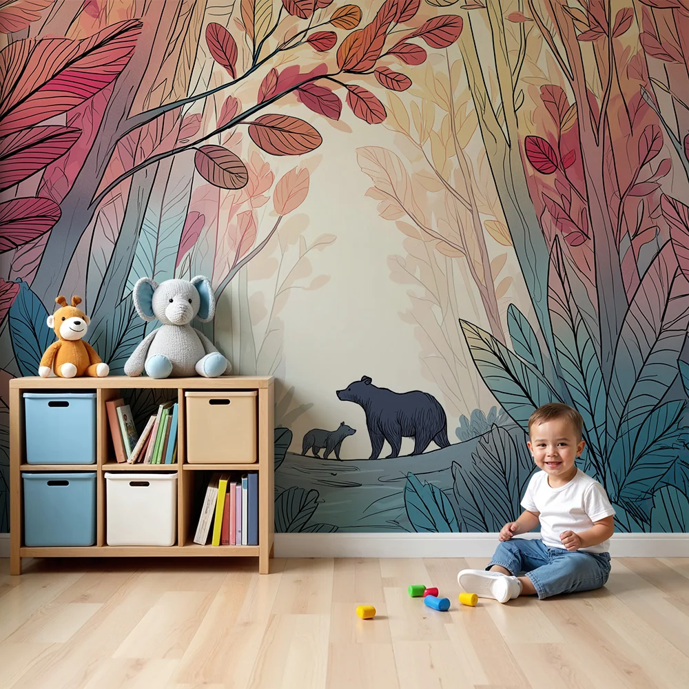 Papier peint chambre enfant | Ours majestueux et êt colorée avec feuillage vibrant