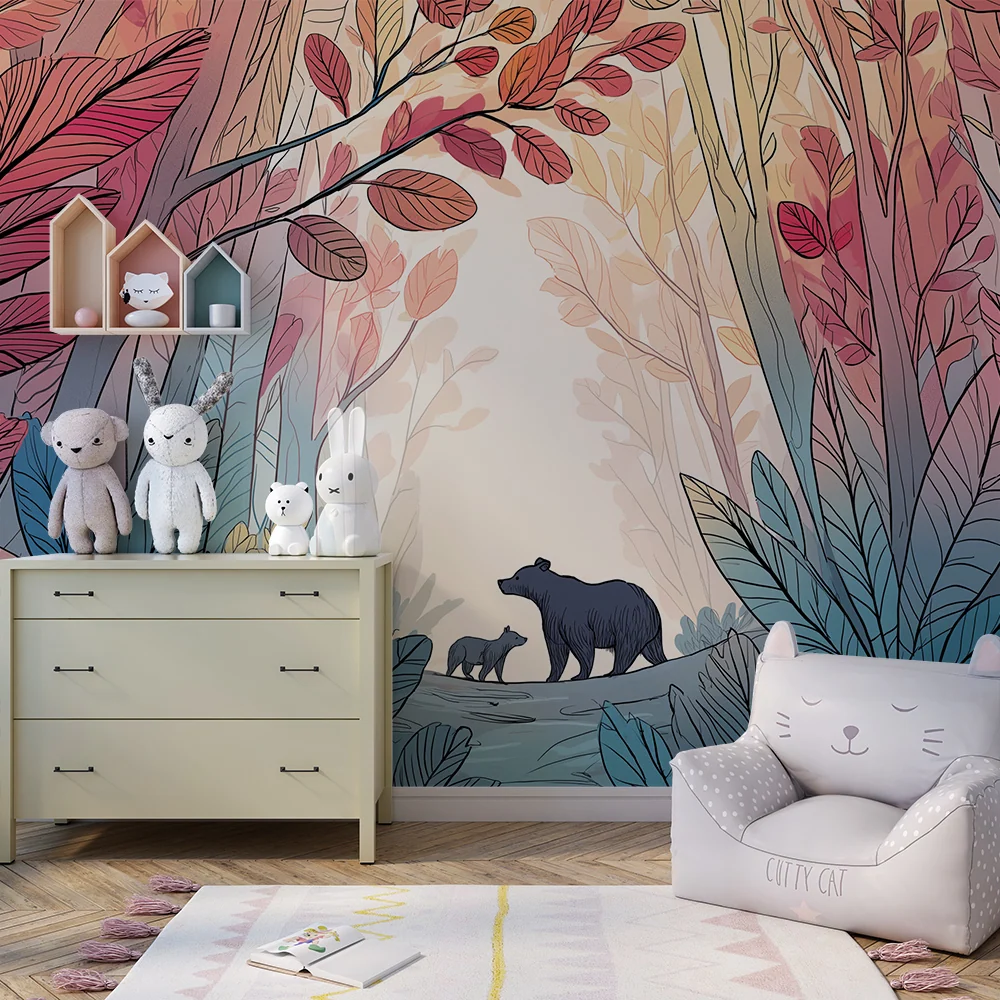 Papier peint chambre enfant | Ours majestueux et êt colorée avec feuillage vibrant