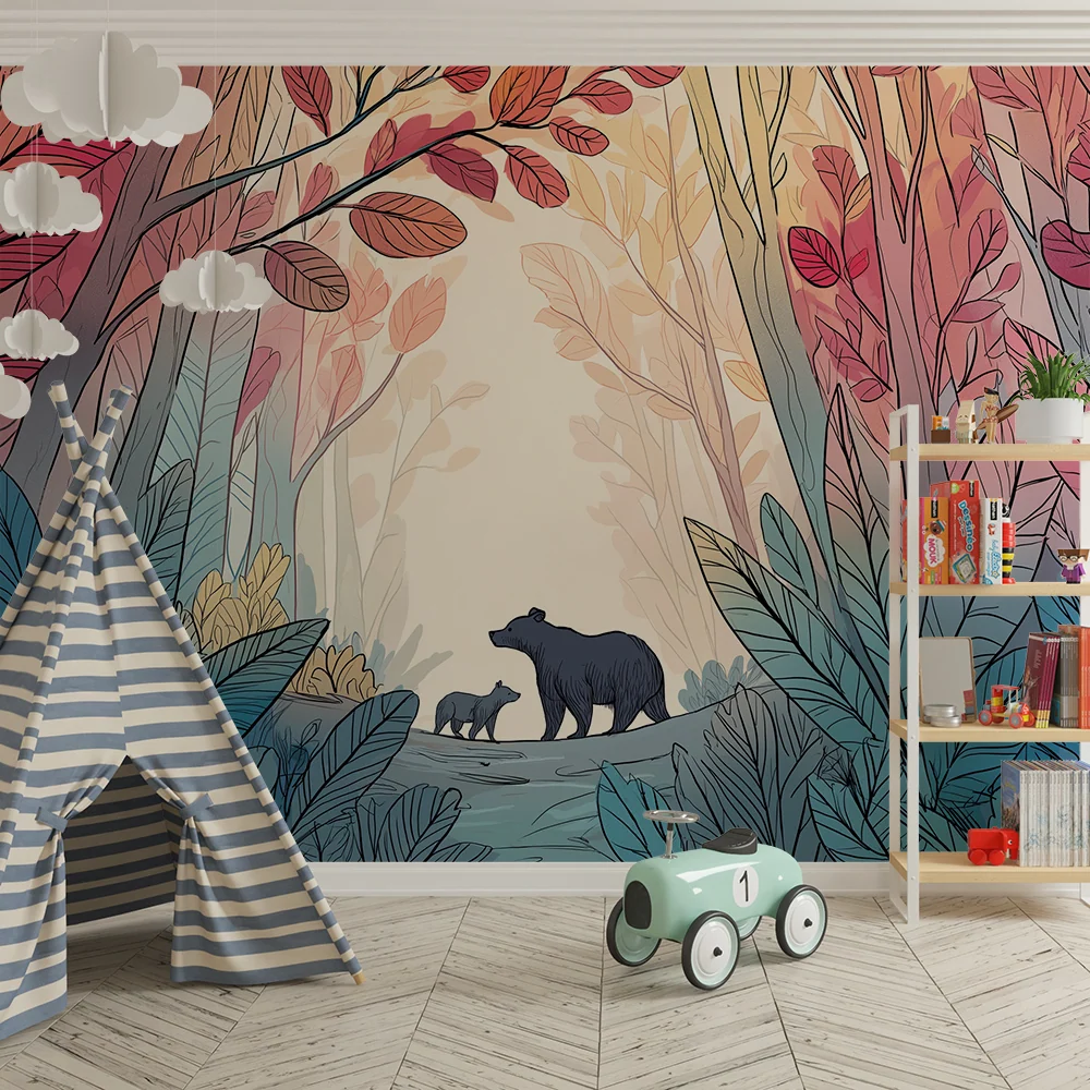 Papier peint chambre enfant | Ours majestueux et êt colorée avec feuillage vibrant