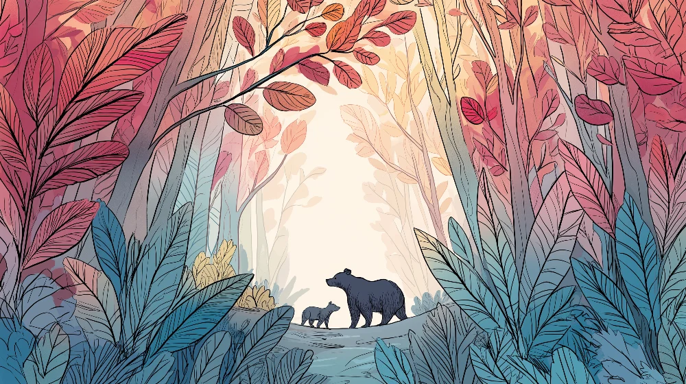 Papier peint chambre enfant | Ours majestueux et êt colorée avec feuillage vibrant