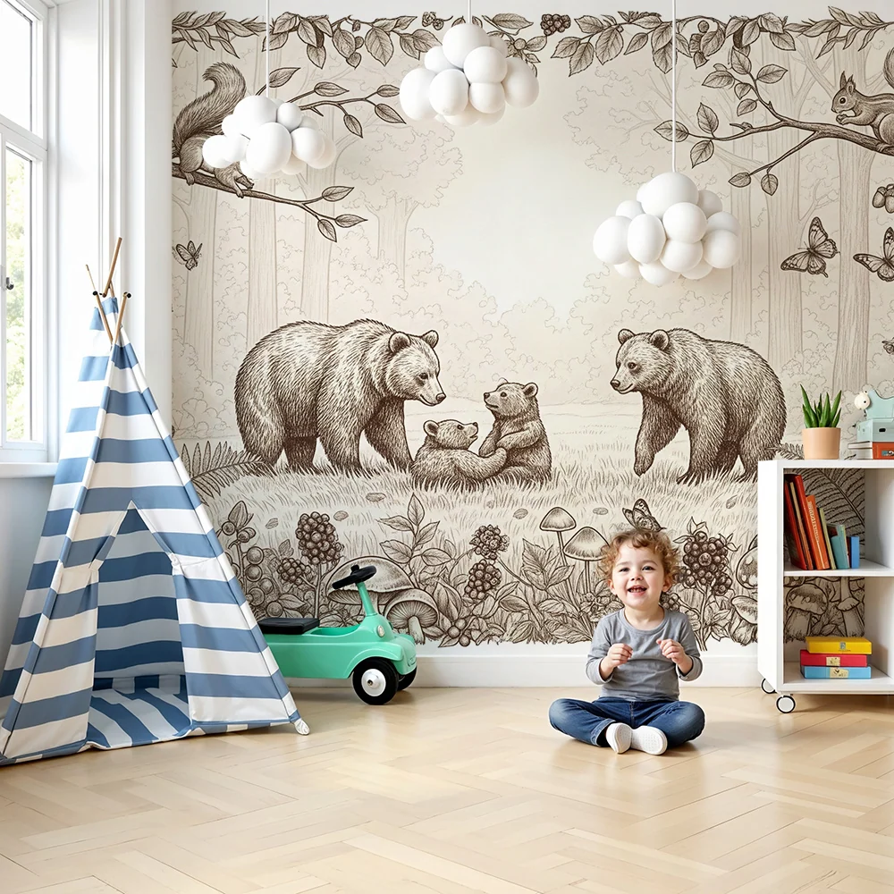 Papier peint chambre enfant | Ours et nature en harmonie avec des détails enchanteurs