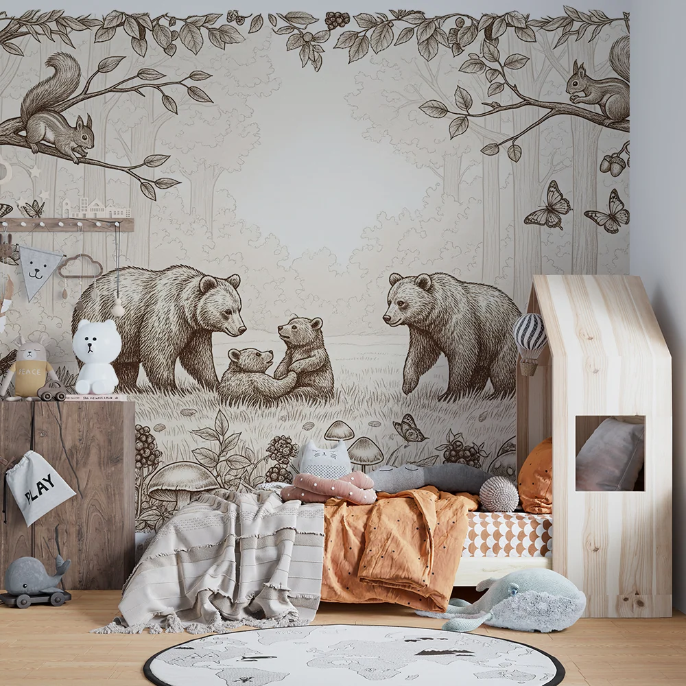 Papier peint chambre enfant | Ours et nature en harmonie avec des détails enchanteurs
