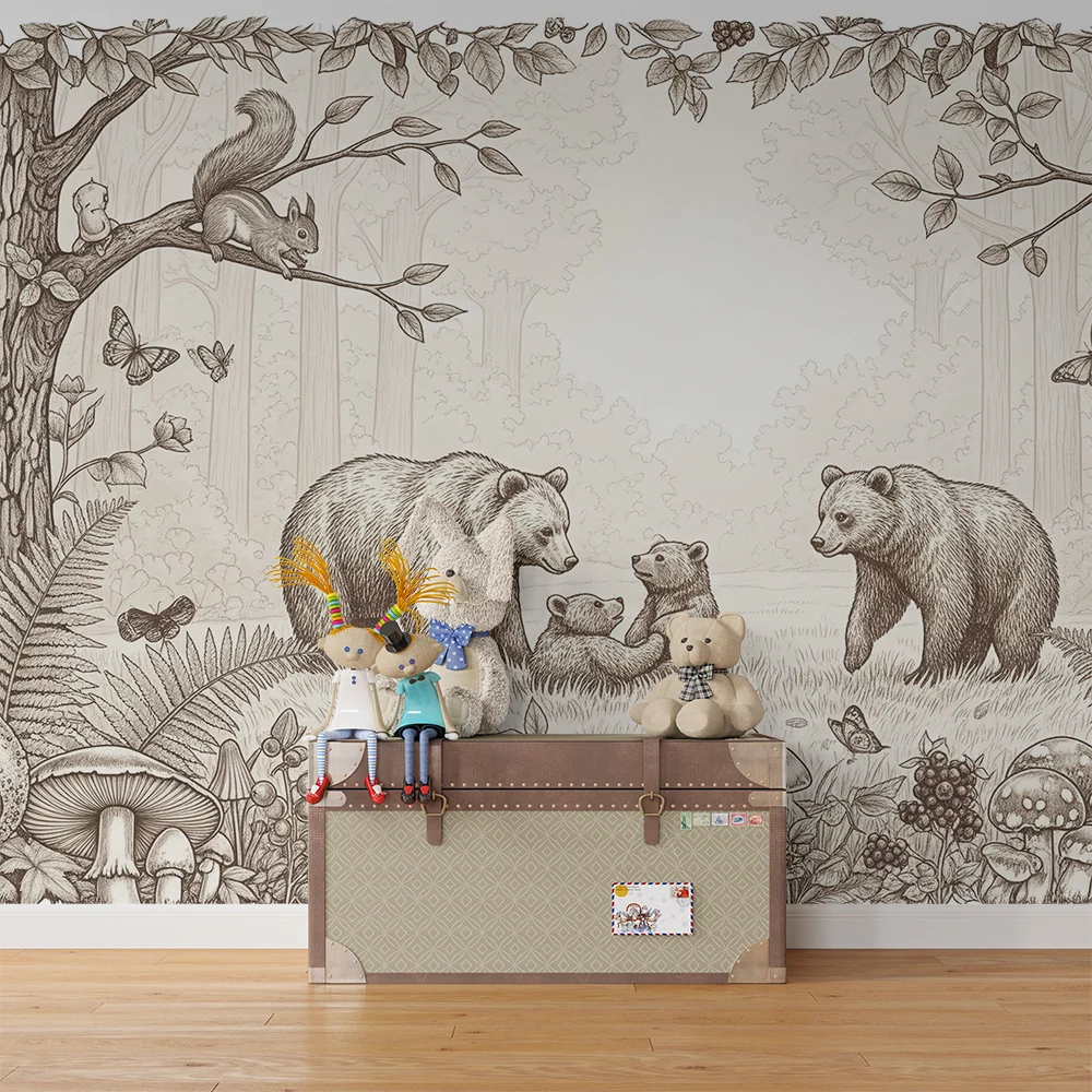 Papier peint chambre enfant | Ours et nature en harmonie avec des détails enchanteurs