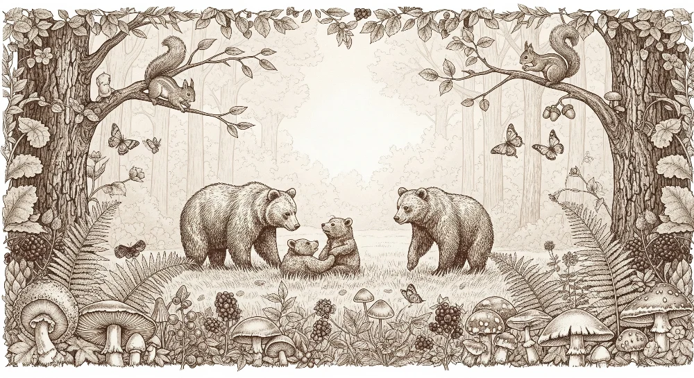 Papier peint chambre enfant | Ours et nature en harmonie avec des détails enchanteurs