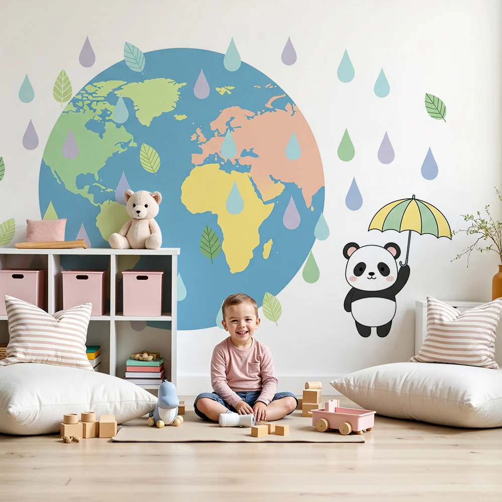 Papier peint chambre enfant | Panda joyeux sous la pluie avec le monde en arrière-plan