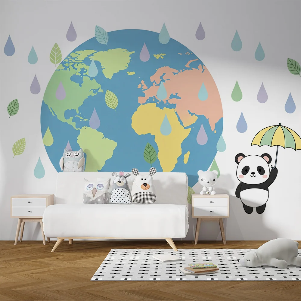 Papier peint chambre enfant | Panda joyeux sous la pluie avec le monde en arrière-plan